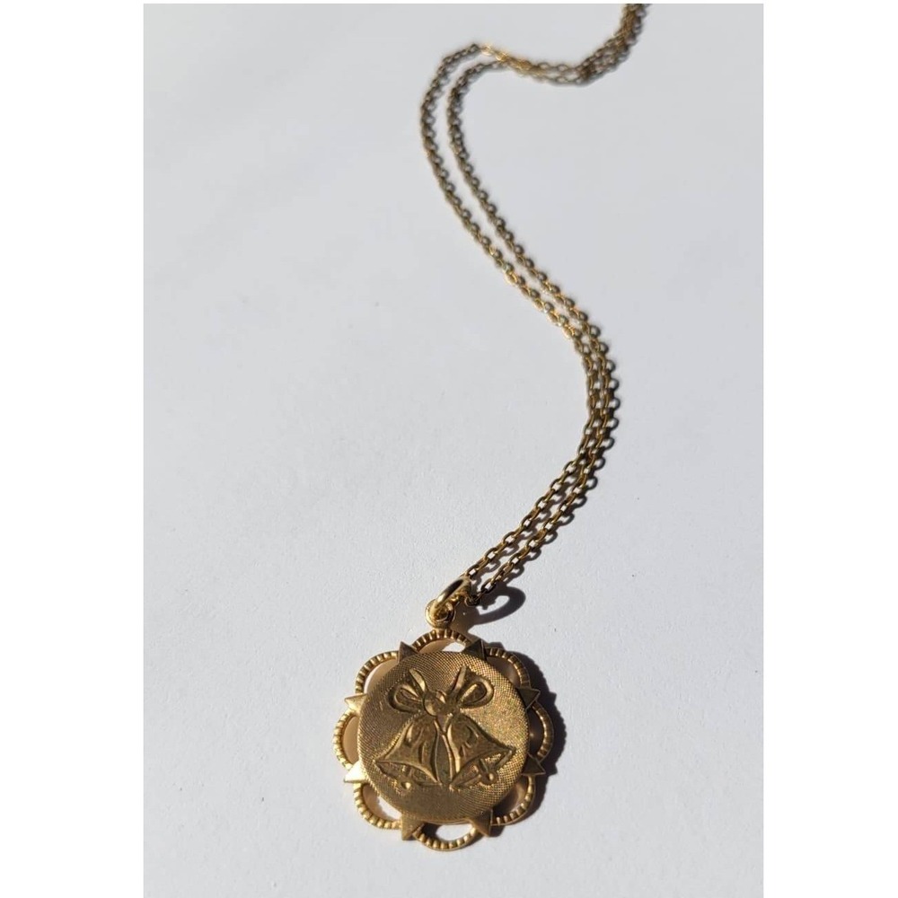Vintage Bell Charm Pendant Necklace Gold Tone Chain Scalloped Edge Pendant